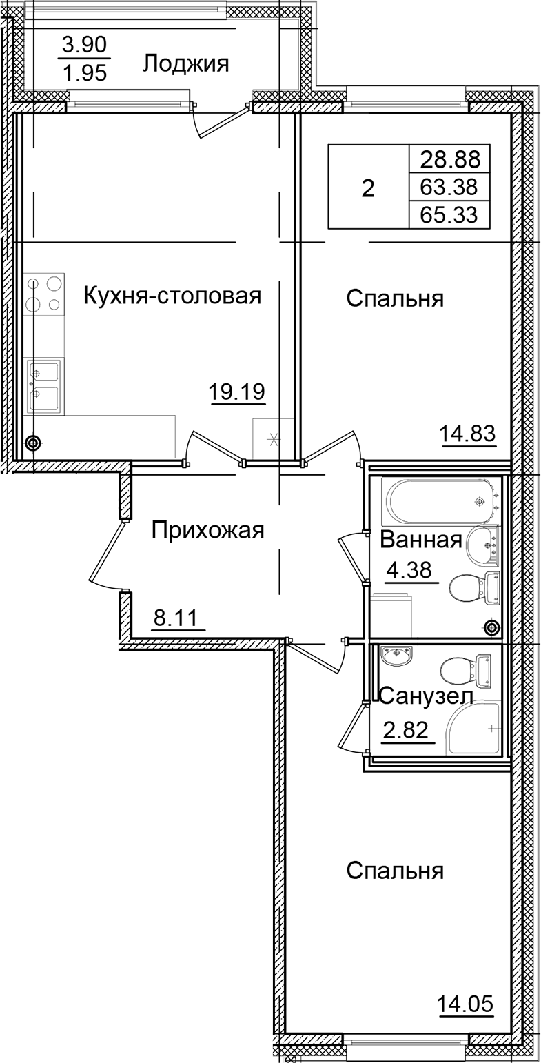 2-комнатная квартира 65.33 м², 2/9 эт., ЖК «Квартал Заречье»